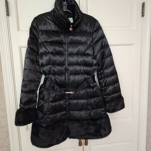 Laundry By Shelli Segal Black Puffer Coat with Fur Trim Pit To Pit 19" Lenth 33"